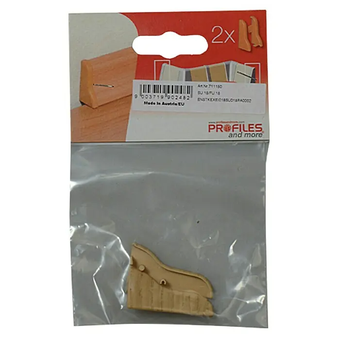 Profiles and more Endkappe SU18/FU18 - Eiche Natur, 2 Stk. - Bild einer verpackten Holz-Eckverbindung mit der Aufschrift "Profiles and more", die für Holzarbeiten und Möbelprojekte gedacht ist.