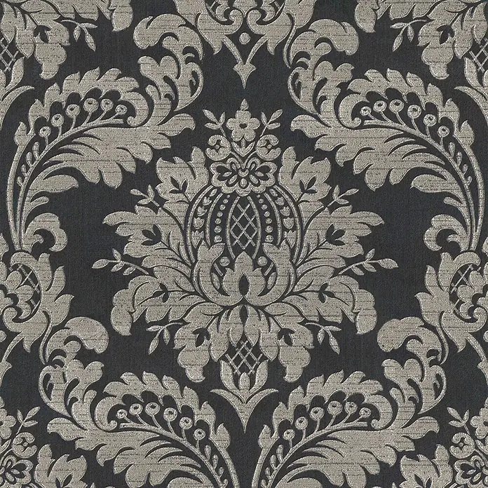 Sublime Vliestapete Damask - Schwarz - Schwarz-silberne Damast-Muster-Tapete mit strukturierter, erhabener Prägung für elegante Innendekoration.