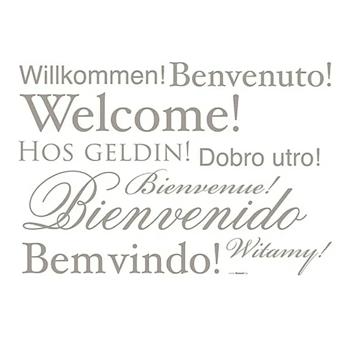 Komar Dekosticker Welcome - Silber, 50 x 70 cm - Mehrsprachiges "Willkommen"-Schild.