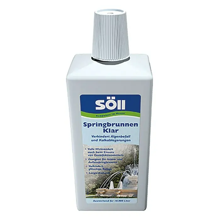 Söll Spezialreiniger SpringbrunnenKlar - 1 l - Flasche Söll Springbrunnen Klar, ein Produkt zur Verhinderung von Algenbefall und Kalkablagerungen in Springbrunnen, ideal für Innen- und Außenbereiche.