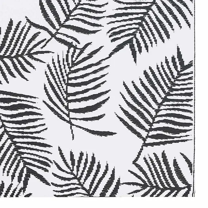 vidaXL Outdoor Teppich Weiß 160 x 230 cm Polyethylen -  - Schwarz-weißes gewebtes Textil mit einem kräftigen Palmenblattmuster.