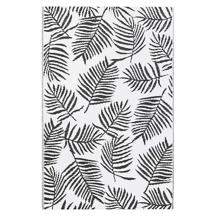 vidaXL Outdoor Teppich Weiß 160 x 230 cm Polyethylen -  - Schwarz-weiße Matte mit wiederholtem Palmenblattmuster.