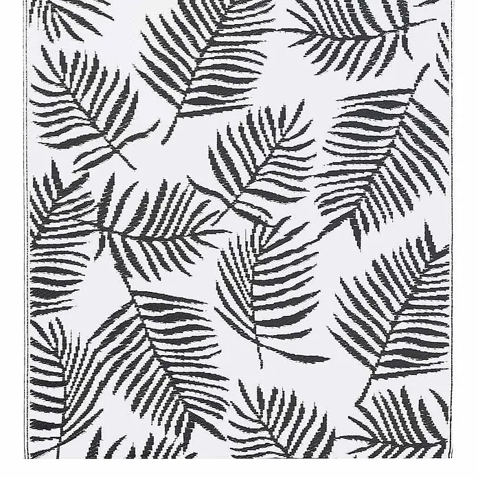 vidaXL Outdoor Teppich Weiß 160 x 230 cm Polyethylen -  - Weißes Textil mit schwarzem Palmenblattmuster.
