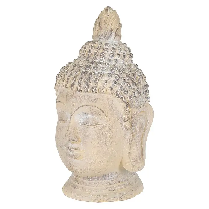 Buddha Kopf 30 x 30 x 55 cm, Beige-Grau -  - Helle, verwitterte Buddha-Kopf-Skulptur mit geschlossenen Augen und friedlichem Ausdruck.