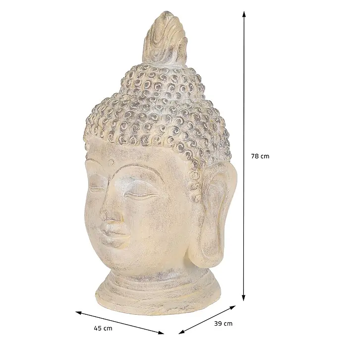 Buddha Kopf 45 x 39 x 78 cm, Beige-Grau -  - Helle beige Buddha-Kopf-Statue mit Antik-Finish, detailliert und mit friedlichem Ausdruck.