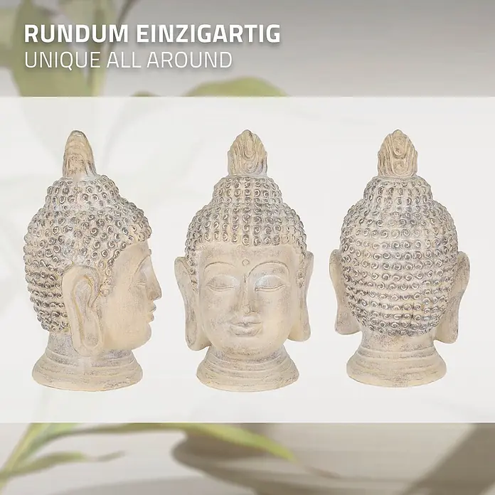Buddha Kopf 30 x 30 x 55 cm, Beige-Grau -  - Drei Ansichten einer hellen Buddha-Kopf-Statue aus Stein mit antikem Finish.