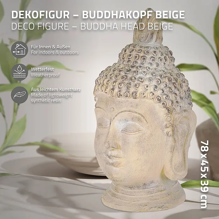 Buddha Kopf 45 x 39 x 78 cm, Beige-Grau -  - Große beige Buddhastatue aus leichtem, wetterfestem Kunstharz für Innen- & Außenbereich. Maße: 78x45x39 cm.