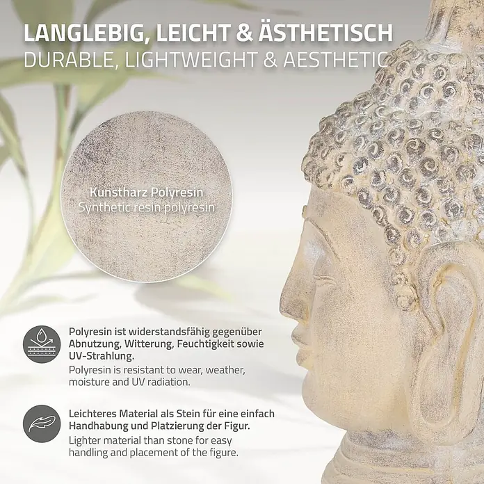 Buddha Kopf 30 x 30 x 55 cm, Beige-Grau -  - Helle, strukturierte Polyresin-Buddhastatue, langlebig, leicht und ästhetisch.
