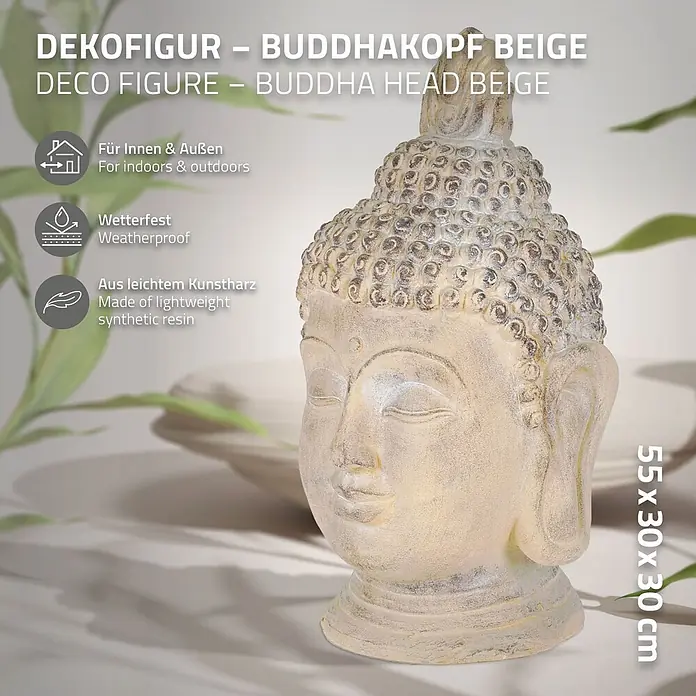 Buddha Kopf 30 x 30 x 55 cm, Beige-Grau -  - Beige Buddhahaupt-Dekofigur aus leichtem Kunstharz, wetterfest für Innen- und Außenbereiche.