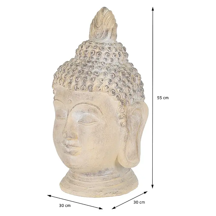 Buddha Kopf 30 x 30 x 55 cm, Beige-Grau -  - Dekorative Buddha-Kopfstatue aus beigem und grauem Steinimitat.