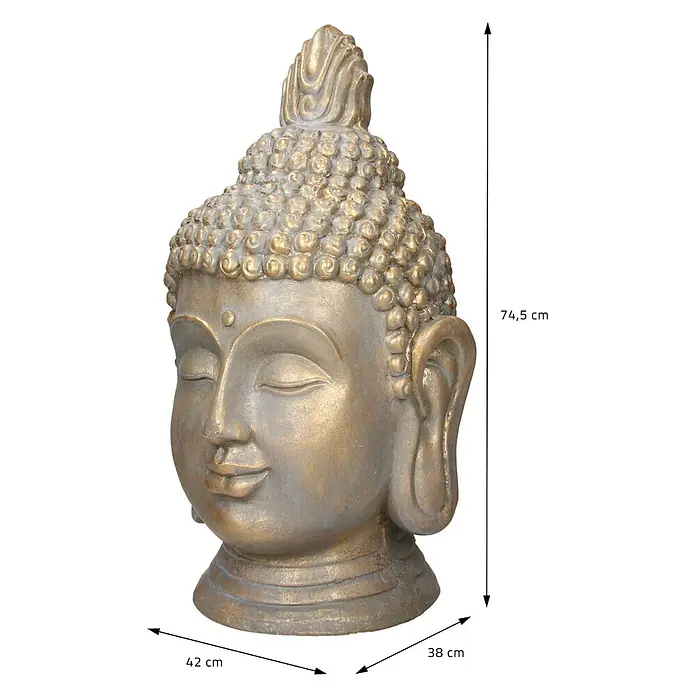 Buddha Kopf 42 x 38 x 74,5 cm, Bronze -  - Buddha-Kopf-Skulptur mit gold-grauer Patina-Optik.