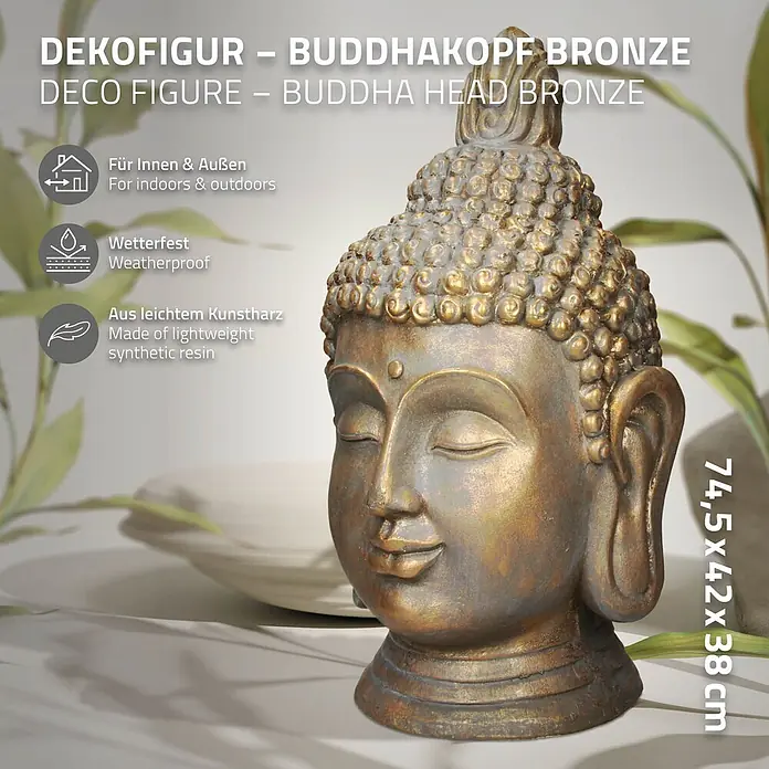 Buddha Kopf 42 x 38 x 74,5 cm, Bronze -  - Bronzene Buddha-Kopf Dekofigur aus leichtem Kunstharz, für Innen- und Außenbereich geeignet.
