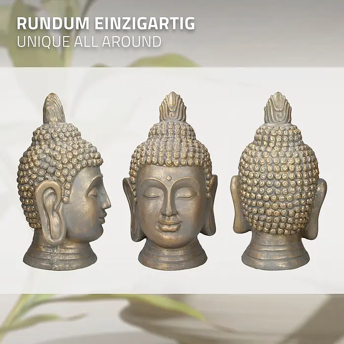 Buddha Kopf 31 x 29 x 53 cm, Bronze -  - Bronzegoldene Buddha-Kopf-Statue von vorne, Seite und hinten gezeigt.