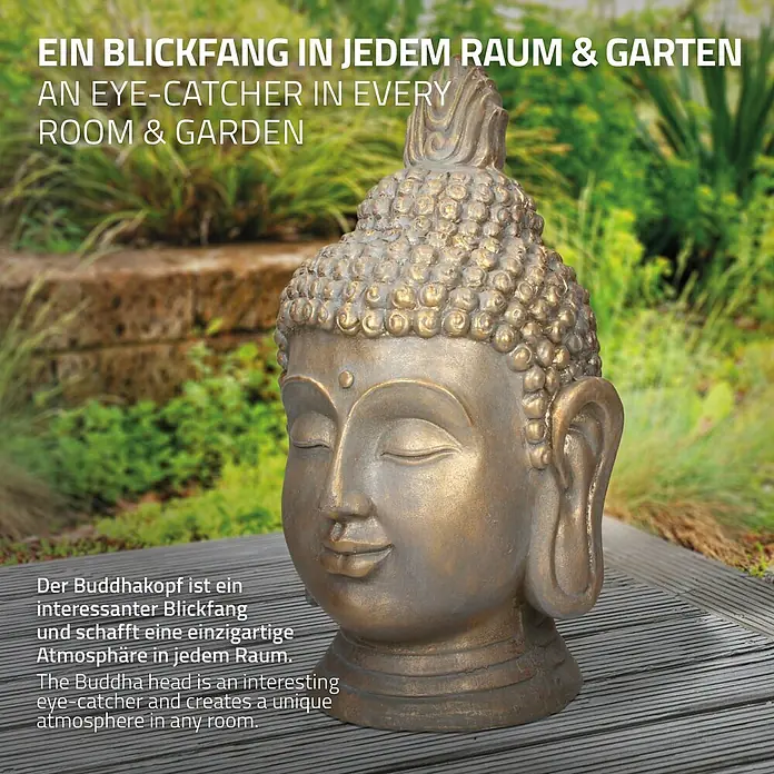 Buddha Kopf 31 x 29 x 53 cm, Bronze -  - Bronze-goldener Buddha-Kopf, ein Blickfang, der eine einzigartige Atmosphäre in jedem Raum oder Garten schafft.