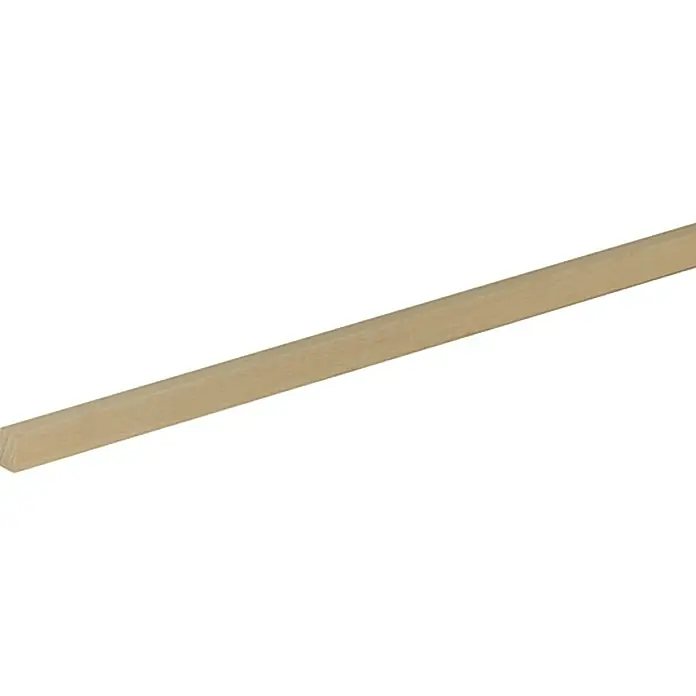 Profiles and more Rechteckleiste - 95 cm x 13 mm x 8 mm, Buche - Eine Nahaufnahme einer Leiste aus hellem Holz, die sich diagonal über den weißen Hintergrund erstreckt. Ideal für Bastelarbeiten und Modellbau.