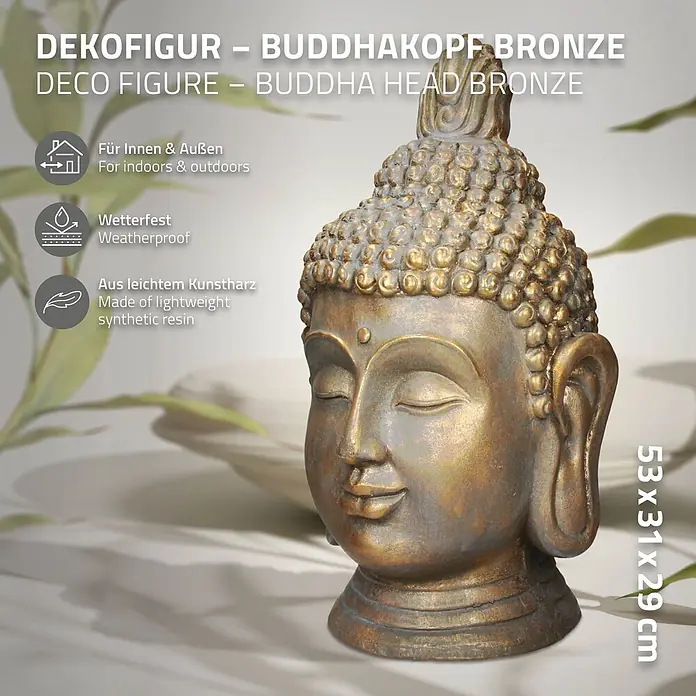Buddha Kopf 31 x 29 x 53 cm, Bronze -  - Bronze Buddha-Kopf Dekofigur aus leichtem Kunstharz, für Innen- und Außenbereiche geeignet.