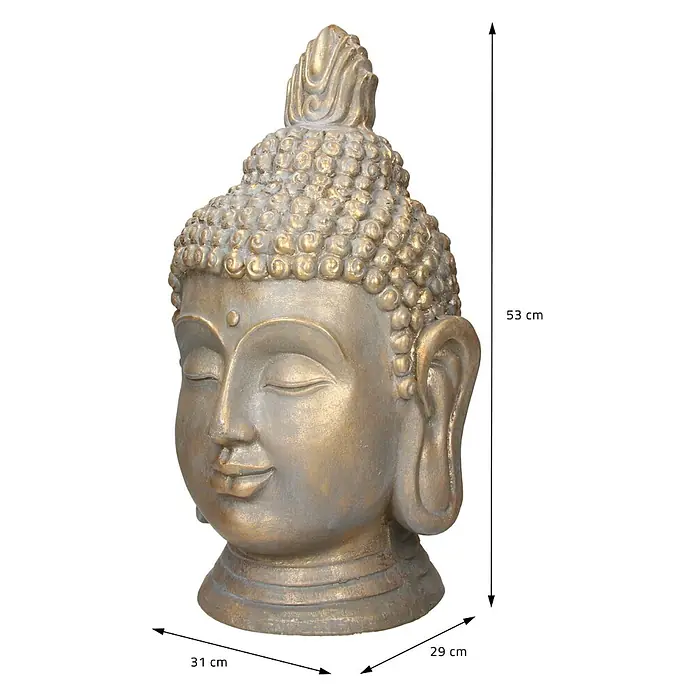 Buddha Kopf 31 x 29 x 53 cm, Bronze -  - Buddha-Kopf-Statue in gold-grauer Patina, 53 cm hoch, 31 cm breit, 29 cm tief.