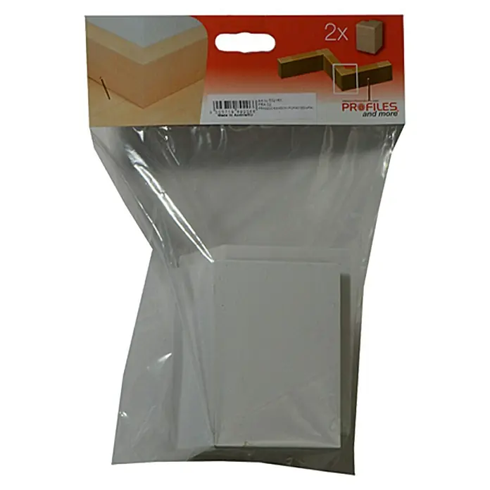 Profiles and more Außenecke für Rohrabdeckleiste - Weiß, B x H: 41 x 91 mm, 2 Stk. - Eine Packung mit zwei weißen Profilen, die in einer durchsichtigen Plastikverpackung mit rotem und weißem Kartonetikett verpackt sind.