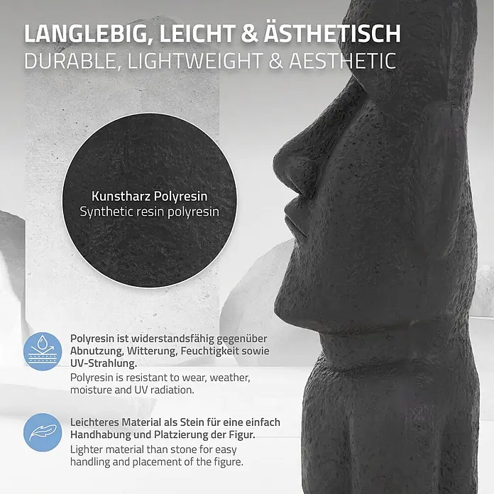 Moai Rapa Nui Kopf 26,5 x 19 x 53,5 cm, Anthrazit -  - Dunkelgraue Moai-Statue aus Polyresin, langlebig und leicht für einfache Platzierung.