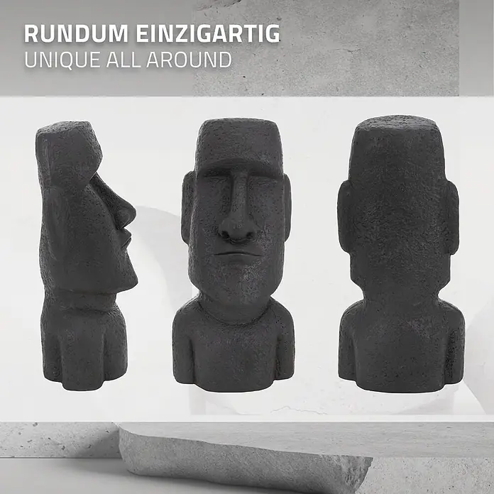 Moai Rapa Nui Kopf 26,5 x 19 x 53,5 cm, Anthrazit -  - Schwarze, texturierte Moai-Statue von der Seite, vorne und hinten gezeigt.