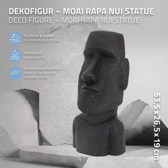 Moai Rapa Nui Kopf 26,5 x 19 x 53,5 cm, Anthrazit -  - Schwarze wetterfeste Moai Rapa Nui Statue aus leichtem Kunstharz für drinnen und draußen.