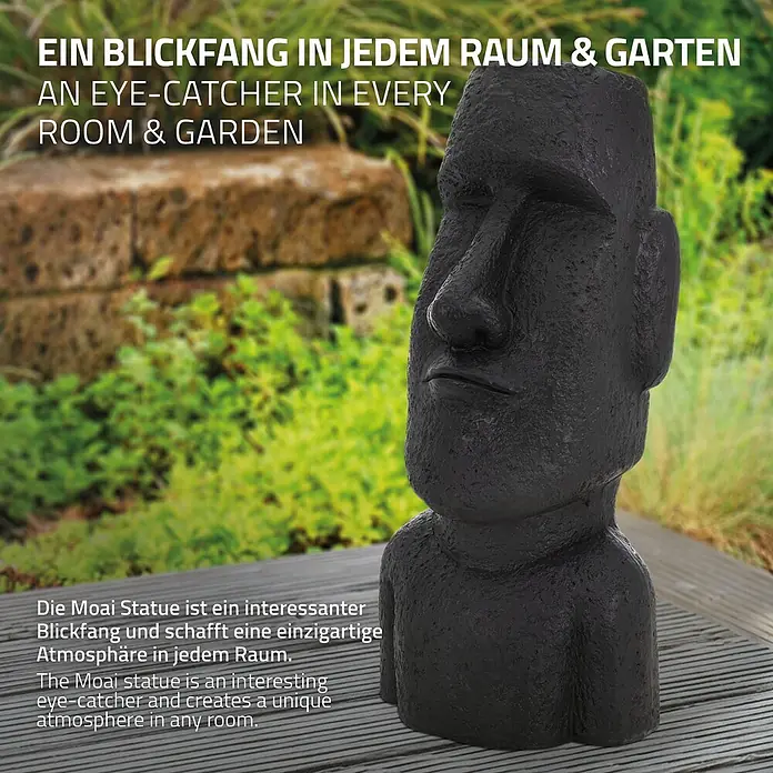 Moai Rapa Nui Kopf 26,5 x 19 x 53,5 cm, Anthrazit -  - Schwarze Moai-Statue auf einer Terrasse, ein Blickfang für Raum und Garten.