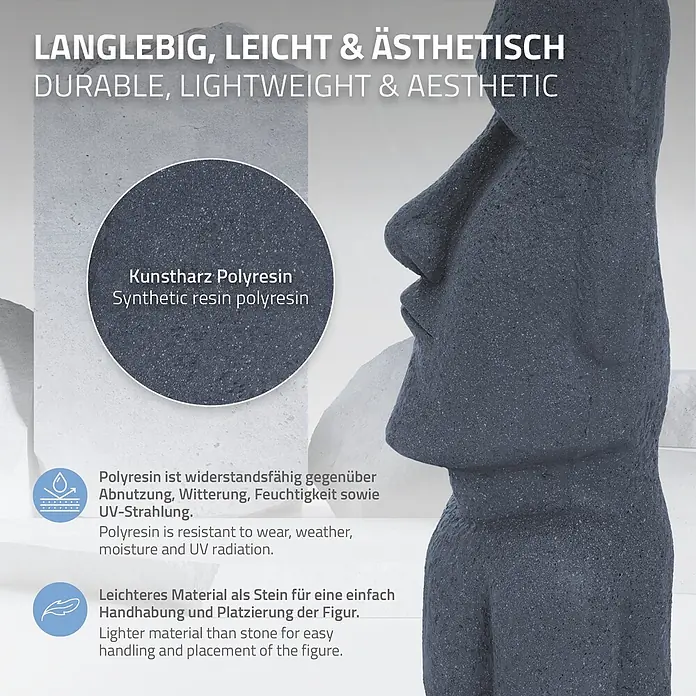 Moai Rapa Nui Kopf 26,5 x 19 x 53,5 cm, Grau -  - Dunkelgraue Moai-Statue aus Polyresin, langlebig und leicht. Beständig gegen Abnutzung, Witterung, Feuchtigkeit und UV-Strahlung.