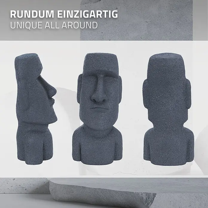 Moai Rapa Nui Kopf 26,5 x 19 x 53,5 cm, Grau -  - Drei Ansichten einer dunkelgrauen, strukturierten Moai-Statue, von vorne, der Seite und hinten.