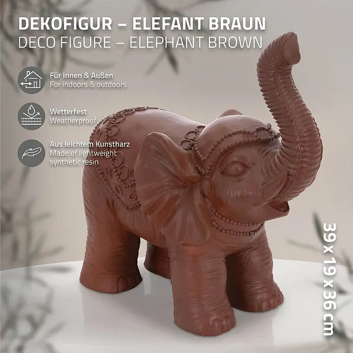 Deko Elefant Figur 36 x 19 x 39 cm, Braun -  - Braune Deko-Elefantenfigur aus leichtem, wetterfestem Kunstharz für innen & außen.