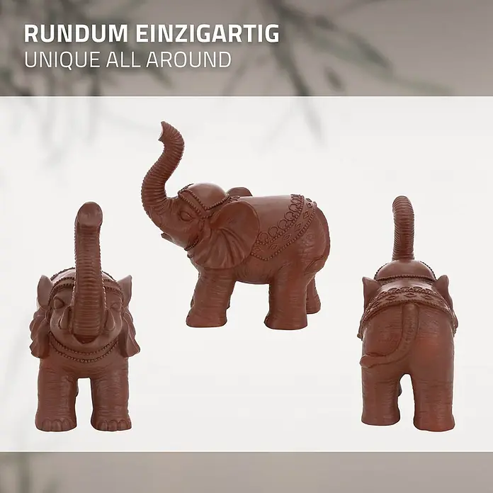 Deko Elefant Figur 36 x 19 x 39 cm, Braun -  - Braune Elefantenfigur mit detaillierten Ornamenten, aus verschiedenen Perspektiven.