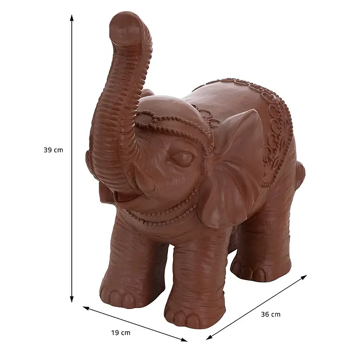 Deko Elefant Figur 36 x 19 x 39 cm, Braun -  - Braune dekorative Elefantenfigur mit erhobenem Rüssel und detaillierten Mustern.