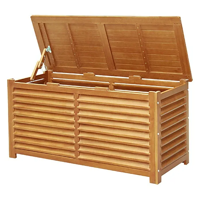 Sunfun Diana Garten-Aufbewahrungsbox - Braun, 127 x 51 x 62 cm, Holz - Holzfarbene Outdoor-Aufbewahrungsbox mit Lamellendesign und hochklappbarem Deckel zur Aufbewahrung von Gartenutensilien.