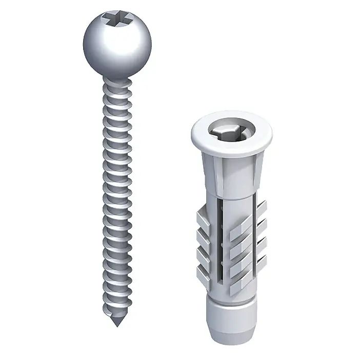 Varioschraube - Stahl - Schraube mit Dübel zur Befestigung. Das Set besteht aus einer Schraube mit rundem Kopf und einem passenden Dübel für sicheren Halt.