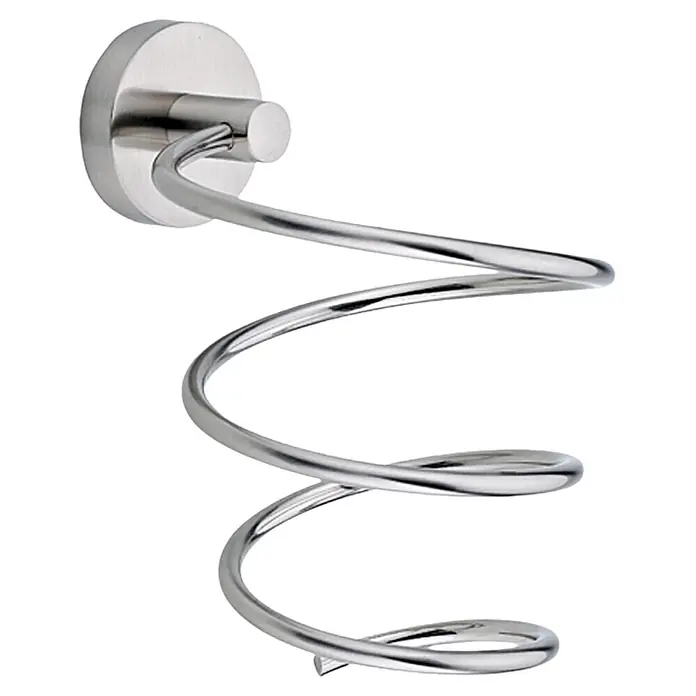 Tesa MO440 - Acero inoxidable - Un moderno soporte para secador de pelo en espiral hecho de metal brillante para montaje en pared, ideal para baños y peluquerías.