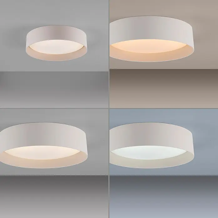 Just Light LED-Deckenleuchte rund Tavoli - 10 W, Ø x H: 28,5 x 7 cm, Sandbrise, Neutralweiß - Vier weiße runde Deckenleuchten zeigen verschiedene Lichttemperaturen von warm bis kalt.