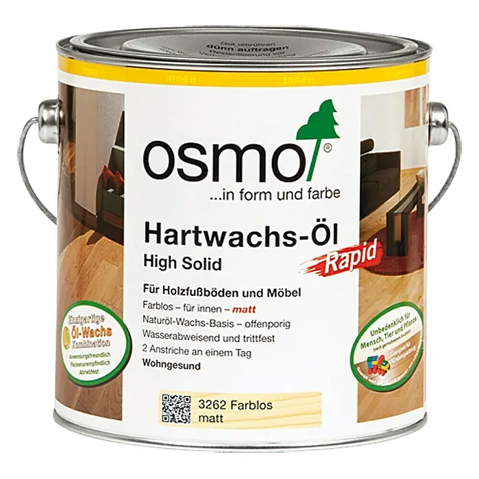 Osmo High Solid Hartwachsöl Rapid - Farblos, 2,5 l, Matt - Dose Osmo Hartwachs-Öl Rapid, farblos, für Holzfußböden und Möbel. Natürlicher Schutz und Veredelung für Innenbereiche.