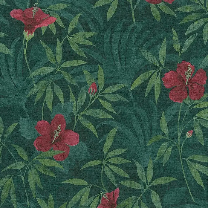 Tapete Dschungel Enrico M1-No.690 Vliestapete Grün Rot Blumentapete Floral -  - Tropische Tapete mit dunkelgrünen Blättern und leuchtend roten Hibiskusblüten.
