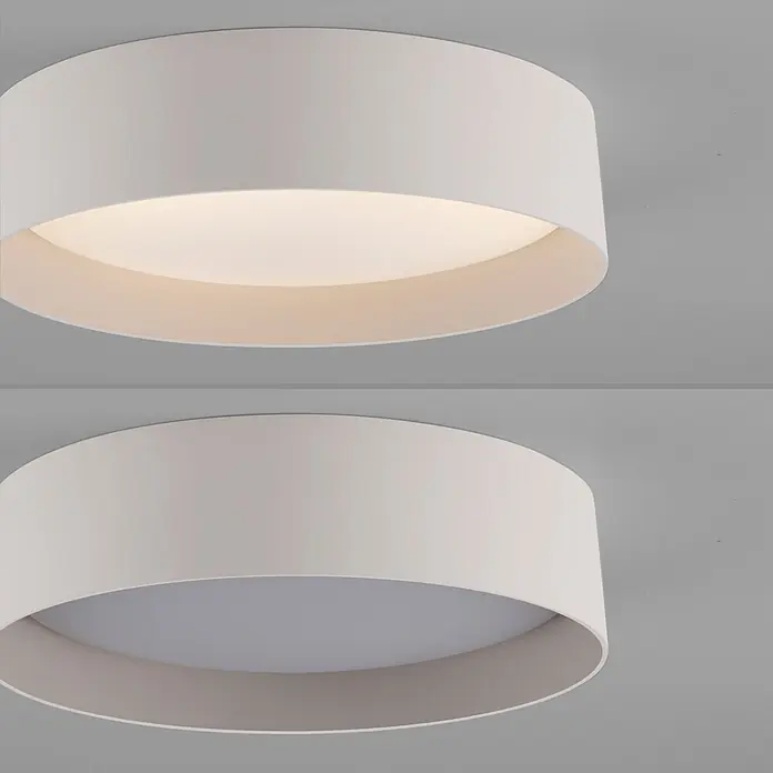 Just Light LED-Deckenleuchte rund Tavoli - 10 W, Ø x H: 28,5 x 7 cm, Sandbrise, Neutralweiß - Zwei runde, weiße Deckenleuchten; eine leuchtet warmweiß, die andere ist ausgeschaltet.