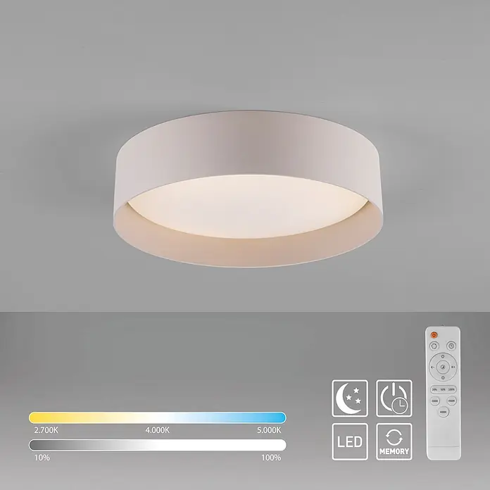 Just Light LED-Deckenleuchte rund Tavoli - 10 W, Ø x H: 28,5 x 7 cm, Sandbrise, Neutralweiß - Weiße, runde LED-Deckenleuchte, fernbedienbar mit einstellbarer Helligkeit und Farbtemperatur (2700K-5000K).