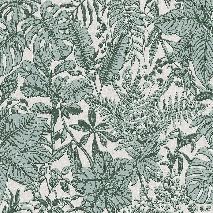 Tapete Dschungel Aleix M1-No.460 Vliestapete Grün Weiß Dschungeloptik Natur -  - Botanisches Muster mit grünen Tropenblättern auf strukturiertem Hintergrund.