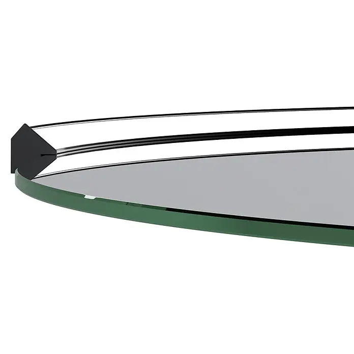 Riva Sabbia LED-Spiegelschrank - B x H: 60 x 60 cm, Schwarz - Elegantes, gebogenes Glasregal mit grünem Rand, polierter Metallplatte und schwarzem Halter.