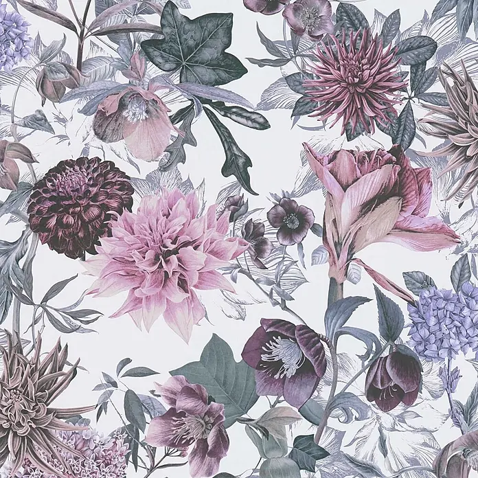 Tapete Dschungel Enrico M1-No.773 Vliestapete Weiß Lila Blumenoptik Floral -  - Nahtloses Blumenmuster mit rosa und lila Blüten wie Dahlien und Lenzrosen, akzentuiert durch graugrüne Blätter.