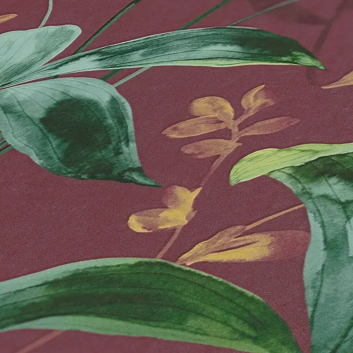 Tapete Dschungel Aleix M1-No.533 Vliestapete Rot Grün Dschungeloptik -  - Florales Muster mit grünen Blättern und gelben Elementen auf tiefrotem Hintergrund.