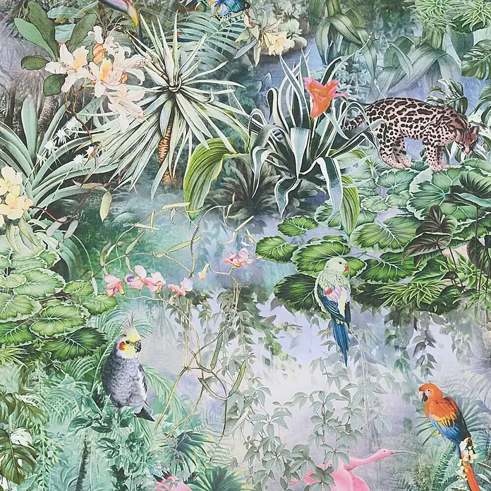 Tapete Dschungel Aleix M1-No.794 Vliestapete Grün Blau Blumenoptik -  - Bunte tropische Dschungeltapete mit Pflanzen, Blumen, Leopard, Papageien und einem Flamingo.