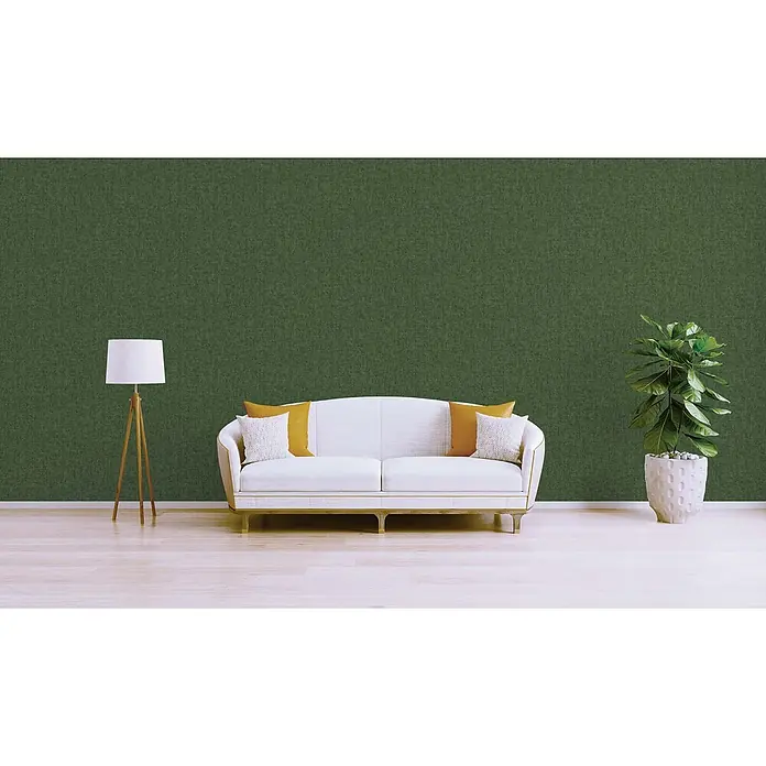 Tapete Dschungel Salvatore M1-No.343 Vliestapete Grün Dschungeloptik Natur -  - Grüne strukturierte Tapete in einem Wohnzimmer mit weißem Sofa.