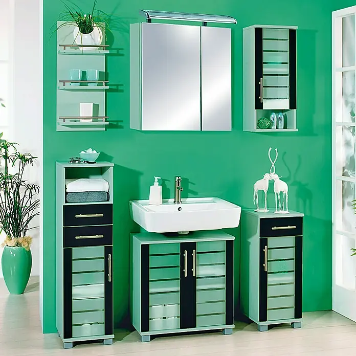 Schildmeyer Niko Highboard - B x T x H: 60 x 32,6 x 110,5 cm, Silber/Anthrazit - Elegantes Badezimmer-Set mit Spiegelschrank, Waschbeckenunterschrank und diversen Stauraumelementen in frischem Grün.