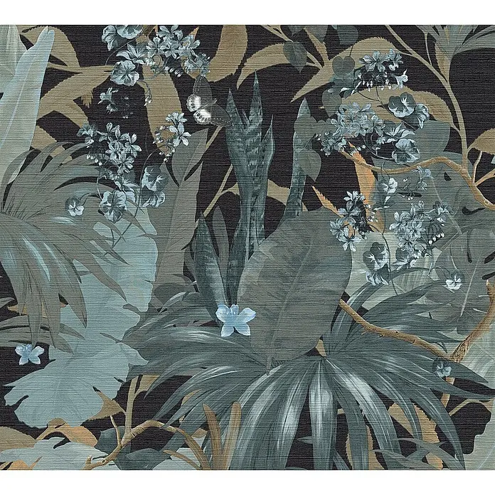 Tapete Bäume Blätter Enrico M1-No.1765 Vliestapete Türkis Schwarz Dschungel -  - Dunkle tropische Mustertapete mit detailreichen Blättern, hellblauen Blüten und einem Schmetterling.