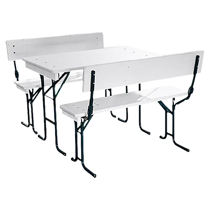 Sunfun Bierzeltgarnitur - 3 -tlg., Nadelholz/Stahl, Klappbar, Weiß/Grau, Tisch (L x B x H): 110 x 70 x 77 cm, Bank (B x T x H): 110 x 25 x 50 cm - Das Bild zeigt ein weißes Klapptisch-Set mit zwei Bänken, ideal für Picknicks und Veranstaltungen. Das Set ist einfach zu transportieren.