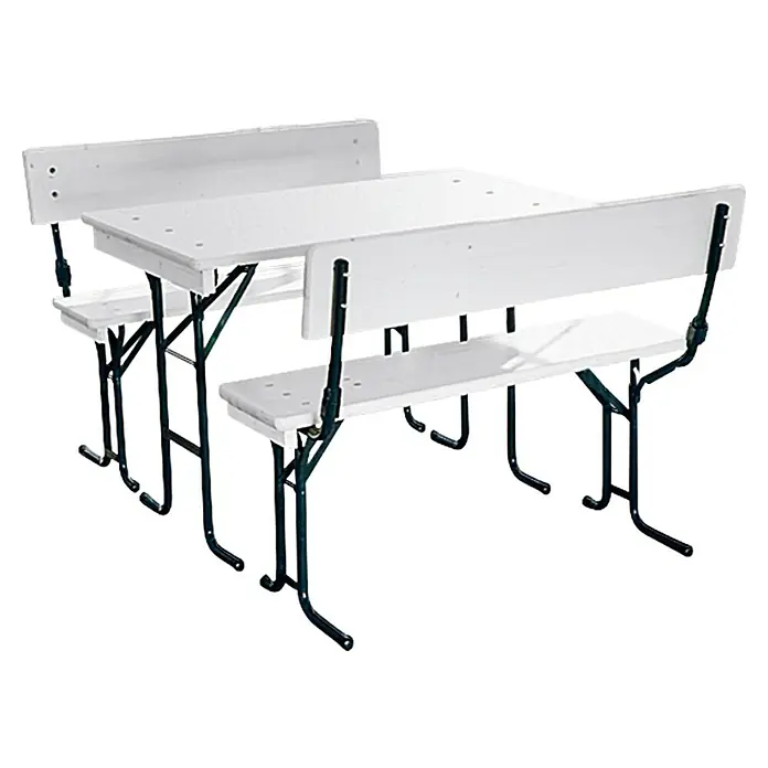Sunfun Bierzeltgarnitur - Tisch (L x B x H): 110 x 70 x 77 cm, Bank (B x T x H): 110 x 25 x 50 cm, Nadelholz/Stahl, Lasiert, Weiß/Grau - Das Bild zeigt ein weißes Klapptisch-Set mit zwei Bänken, ideal für Picknicks und Veranstaltungen. Das Set ist einfach zu transportieren.