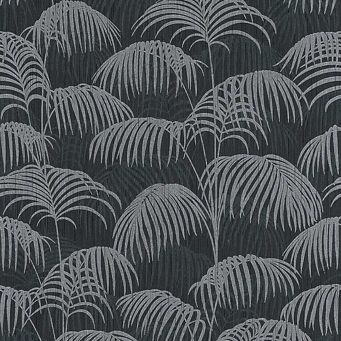 Tapete Dschungel Matilde M1-No.3873 Vliestapete Schwarz Dschungeltapete -  - Dunkle, texturierte Tapete mit wiederholtem Muster aus hellgrauen Palmblättern, ideal für modernes Interieur.